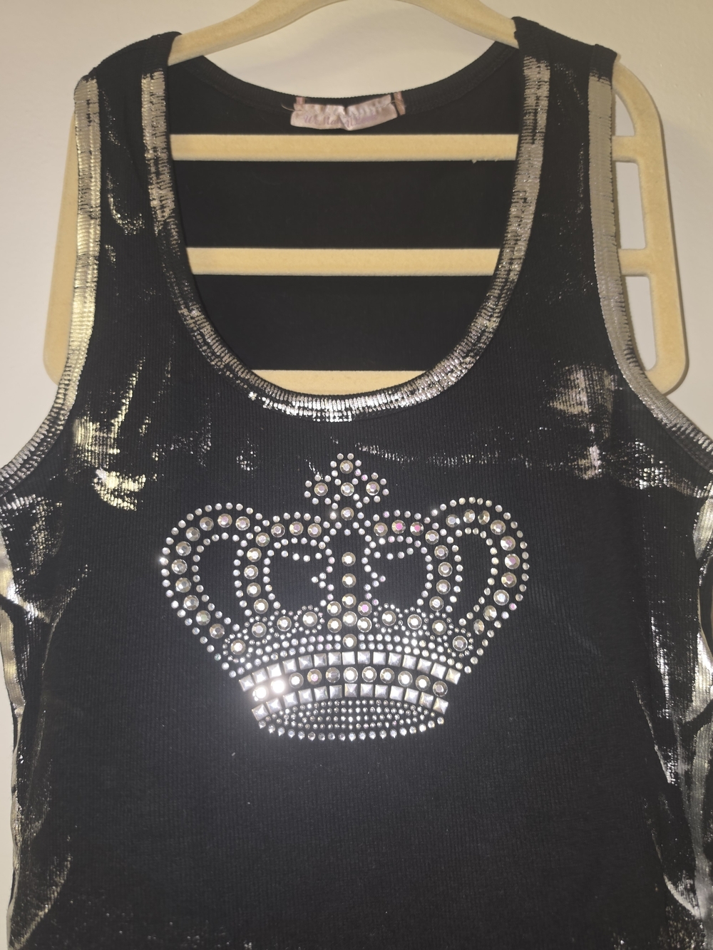 New Look Black Tank Top with Silver Rhinestone Crown Motif